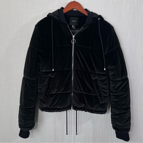 Forever 21 Black Velvet Quilted Hooded Puffer Jacket Coat Size S - Picture 1 of 11